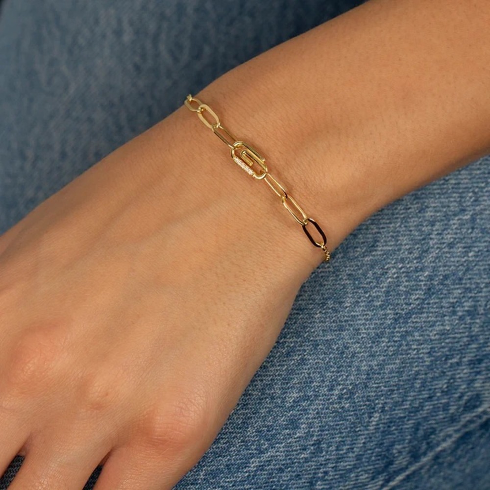 Adina Eden Pave Safety Pin Paper Clip Bracelet Gold Tone Jewelry Womens - Picture 3 of 8